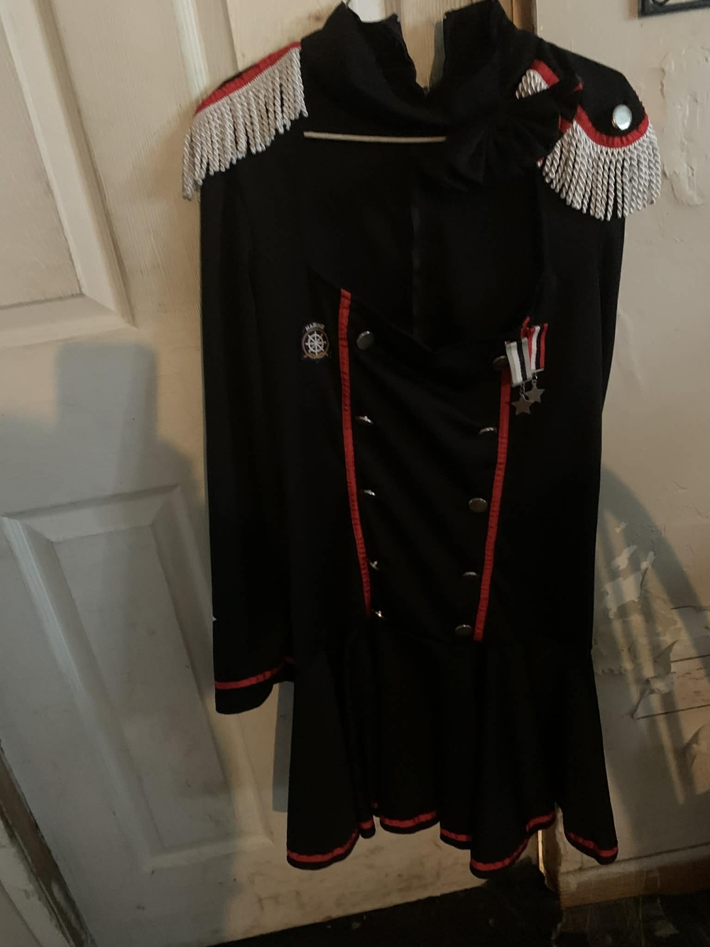 Black Military-Inspired Women’s Skirt with Red Trim and Silver Fringe
